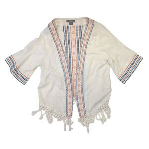 Natural Reflections White Eyelet Boho Embroidered V Neck Cardigan Women's Size S